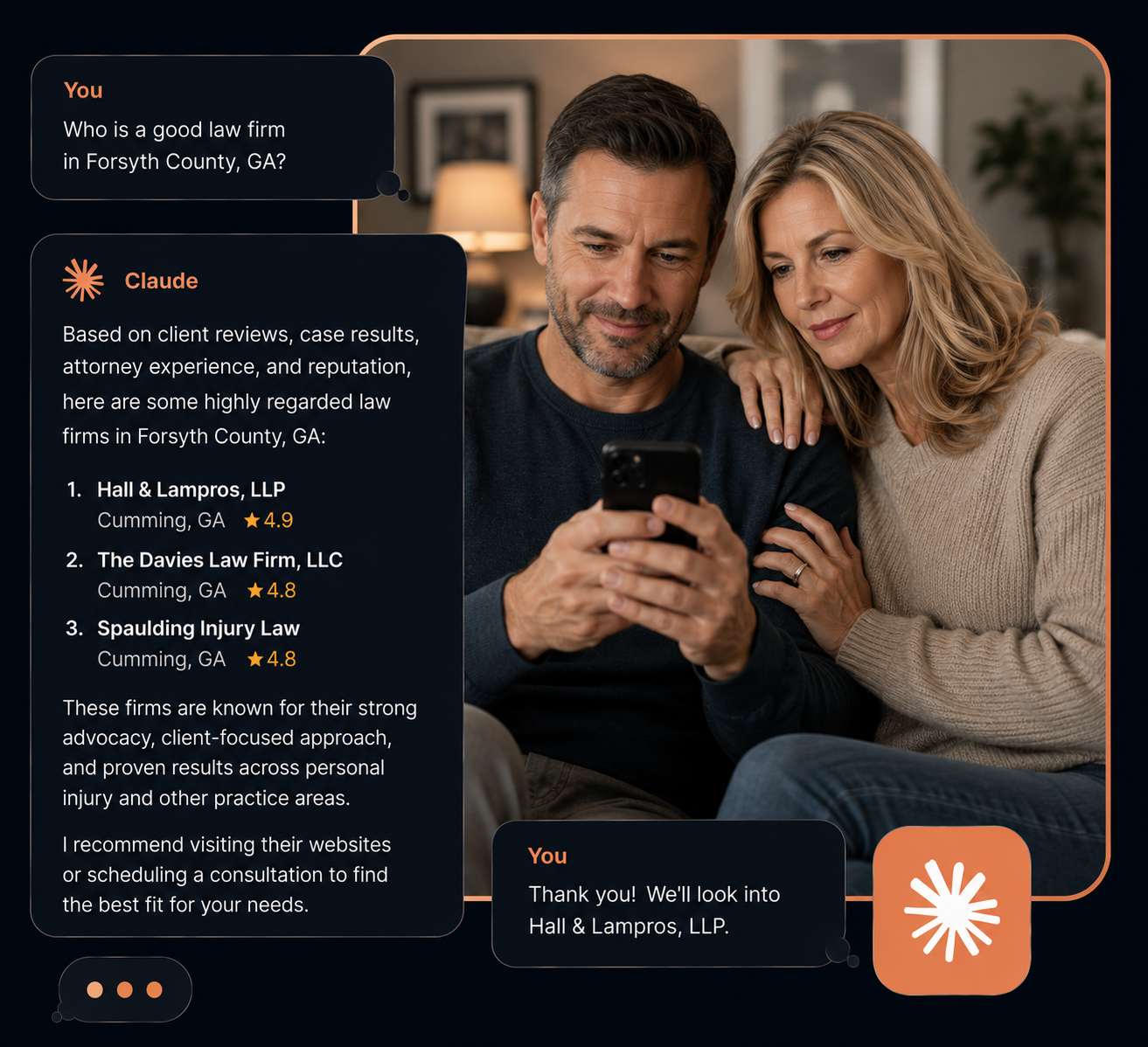 AI conversation mockup showing law firm recommendations